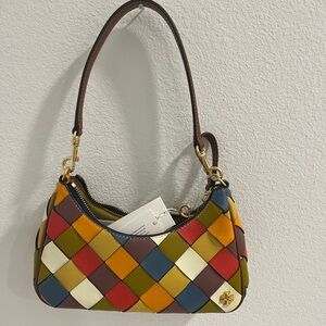 New! Tory Burch 151 Mercer Woven Small Crescent Leather Bag - Multi Color